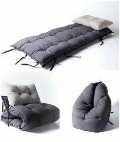 three different views of a futon bed with pillows on top and the bottom one in grey