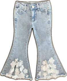 Spring Denim Bottoms With Floral Embroidery, Fitted Denim Blue Flare Jeans For Spring, Spring Fitted Denim Blue Flare Jeans, Spring Floral Embroidery Medium Wash Bottoms, Spring Medium Wash Bottoms With Floral Embroidery, Spring Denim Blue Bottoms With Floral Embroidery, Non-stretch Cotton Flare Jeans For Spring, Non-stretch Denim Blue Bottoms With Floral Embroidery, Spring Floral Embroidery Stretch Pants