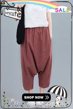 Handmade Red Plaid Pockets Patchwork Cotton Crop Pants Summer Pants Summer, Crop Pants, Black Plaid, Red Plaid, Cropped Pants, Womens Bottoms, Elastic Waist, Pants For Women, Plaid