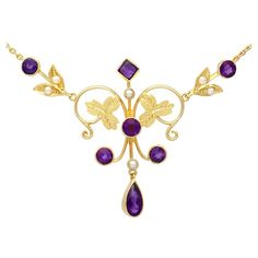 Antique 1.45 Carat Amethyst and Seed Pearl Yellow Gold Necklace Antique Amethyst Jewelry, Gold Necklace Antique, Amethyst Set, Yellow Gold Necklace, Necklace Clasps, Heart Brooch, Antique Necklace, Amethyst Jewelry, Floral Necklace