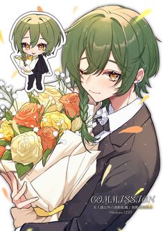 an anime character with green hair holding flowers