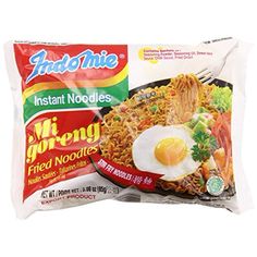 indomie instant noodles with fried noodle and egg in the packet on white background