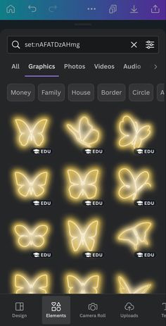 an iphone screen showing the settings and icons for different types of lights, including butterflies