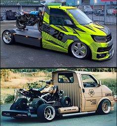 there are two pictures of the same vehicle and one has a motorcycle on it's flatbed