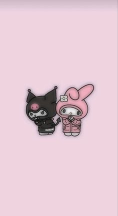 two cartoon characters are standing next to each other on a pink background and one is wearing a cat mask