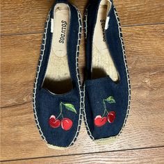 Blue Canvas Cherry Embroidery Never Worn No Box Cherry Embroidery, Soludos Espadrilles, Pink Espadrilles, Gold Espadrilles, Striped Espadrilles, How To Dye Shoes, Espadrilles Shoes, Lace Up Espadrilles, Espadrilles Platform