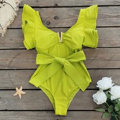 Lime Green Frill Sleeve Swimsuit With Belt Knee High Boots Flat, Green One Piece, Sleeve Swimsuit, Hiking Bag, Sport Shoes Men, Patterned Tights, Solid Leggings, Over The Knee Socks, Spaghetti Strap Tank Top