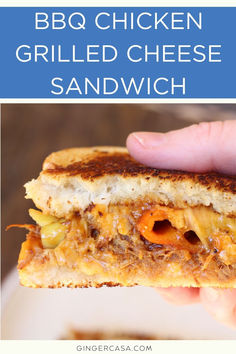 a grilled cheese sandwich is being held up in front of the camera with text that reads bbq chicken grilled cheese sandwich