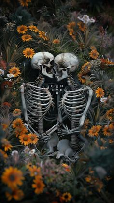 two skeletons sitting next to each other in a field of flowers