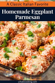 an eggplant parmesan casserole in a glass baking dish with text overlay