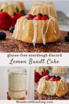 a lemon bundt cake with white icing and fresh berries on top is shown