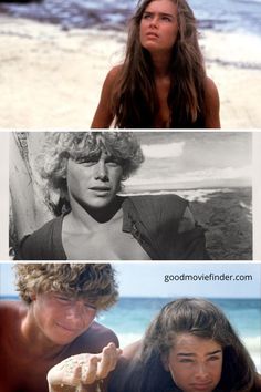 three different pictures of people on the beach, one with long hair and one without