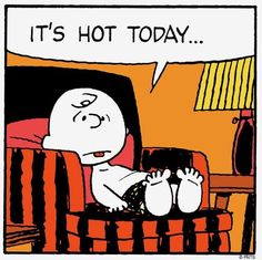 a cartoon strip with a person sitting in a chair and the caption it's hot today