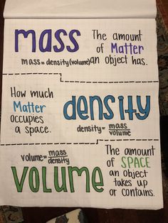 a piece of paper with words written in different languages on it, including mass and density