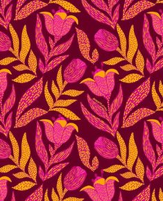 a pink and yellow flower pattern on a red background with leaves in the foreground