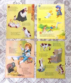 four children's books with pictures of dogs and people in them on a table