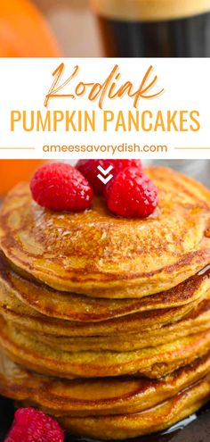 stack of pancakes with raspberries on top and the words pumpkin pancakes above it