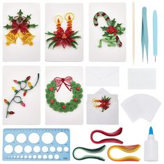 various christmas decorations and crafting supplies are shown