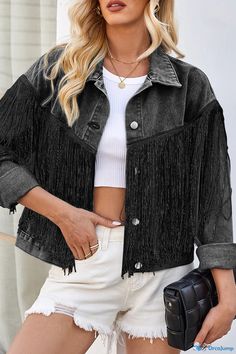 OrcaJump - Chic Tassel-Embellished Denim Jacket with Turndown Collar and Long Sleeves Embellished Denim Jacket, Embellished Denim, Turndown Collar, Tassels, Denim Jacket, Long Sleeves, Collar, Long Sleeve