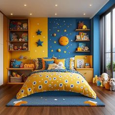 a child's bedroom decorated in yellow, blue and white with stars on the wall