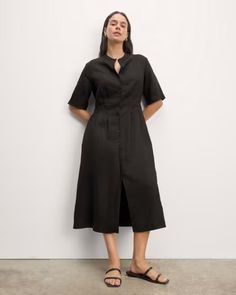 The Frolic Dress in Linen Black – Everlane Collar Neck, A Stand, Black Shirt Dress, Button Dress, Linen Women, Stand Collar, Midi Length, Jumpsuit Dress, Shirt Dress