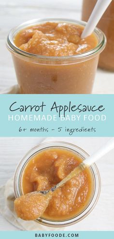 two jars filled with homemade baby food on top of a table