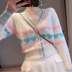 V-Neck Cute Love Pattern Pastel Colors Cardigan Sweater – Tomscloth Cute Fitted V-neck Cardigan, Cute White V-neck Outerwear, Cute Pastel Sweaters, Pastel Crochet Cardigan, Cute Multicolor Long Sleeve Cardigan, Pastel Rainbow Sweater Jacket, Pastel Cardigan, Fairy Kei Sweaters & Cardigans, Preppy Tops