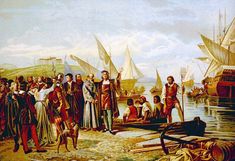 an old painting of men and women standing in front of boats