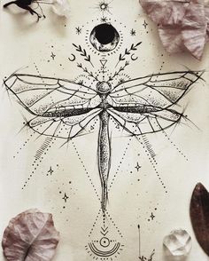 a drawing of a dragonfly surrounded by leaves and other things in the background,