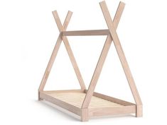 a wooden bed frame with two crossed legs