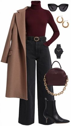 Winter Outfits Jeans Boots, Winter Boot Work Outfits, Winter Coats Outfits Women, Womens Burgundy Outfits, Outfit Ideas Winter Office, Burgandy Turtle Neck Outfits, 30s Winter Outfits, Wine Night Outfit Classy, Office Stylish Outfit