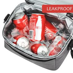 an open lunch bag filled with cans and sodas on a white background that says leak proof