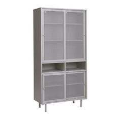 a white bookcase with glass doors on the front and bottom shelves, against a white background