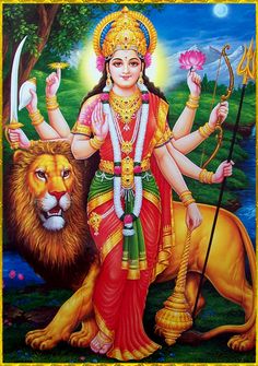 the hindu goddess with her lion