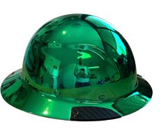 a green hard hat on top of a white surface with reflection in it's visor