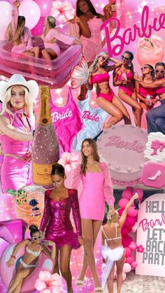 a collage of women in pink dresses and hats with balloons, cake, champagne bottles, and other items