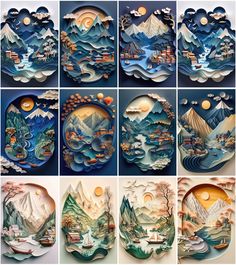 many different pictures of mountains and trees in blue, green, orange and yellow colors