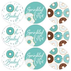 six donuts with sprinkled and love stickers in blue, brown, and white