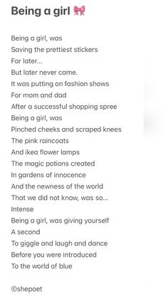 the poem being a girl is written in pink