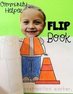 a child holding up a paper sign with the words community helper flip book written on it