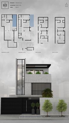 an architectural rendering of a modern house with three levels and four floors, in the middle of