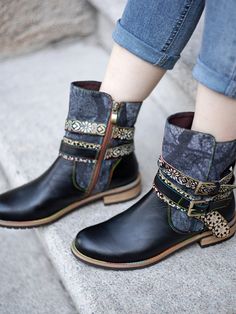 Black Leather Moto Boots For Winter Festival, Multicolor Leather Ankle Moto Boots, Bohemian Moto Boots With Round Toe, Multicolor Leather Moto Ankle Boots, Leather Flat Heel Boots For Festival, Bohemian Leather Boots For Winter, Leather Ankle-high Boots For Festival, Bohemian Black Ankle Boots, Black Leather Bohemian Boots