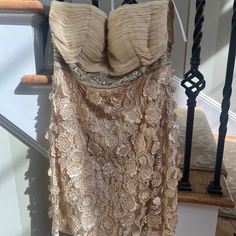 Nwt. Never Worn. Perfect Condition. Stunning In Person. Bead And Sequin Empire Waist Line. Padded Bust With Pleating. Side Zip. Fully Lined. 50% Rayon, 25% Silk, 25% Polyester. Lining 100% Polyester Embellished Strapless Dress For Evening, Beige Strapless Dress With Sweetheart Neckline For Party, Strapless Embellished Cocktail Dress, Evening Embellished Lace Mini Dress, Embellished Lace Mini Dress For Evening, Embellished Lace Mini Dress For Cocktail, Strapless Beige Evening Dresses, Beige Strapless Evening Dress, Strapless Lace Cocktail Evening Dress