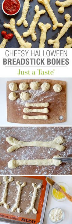 homemade halloween breadstick bones are ready to be baked in the oven and put on a baking sheet