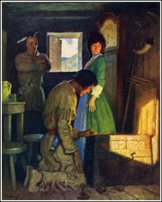 a painting of two people standing in front of a window and another person looking at something on the floor