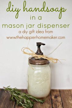 homemade diy hand soap in a mason jar with rosemary sprig on top