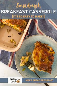 a blue plate with a piece of quiche on it next to a baking dish