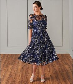 Eliza J Illusion Boat Neck Short Sleeve Sequin Embroidered Floral Lace Midi Dress | Dillard's Blue Floral Embroidery Evening Dress, Blue Evening Dress With Floral Embroidery For Party, Blue Floral Embroidered Evening Dress For Party, Blue Floral Embroidery Evening Dress For Party, Fitted Blue Evening Dress With Floral Embroidery, Blue Fitted Evening Dress With Floral Embroidery, Lace Mother Of The Bride Dress With Floral Embroidery, Blue Lace Dress With Illusion Neckline, Elegant Blue Embroidered Party Dress