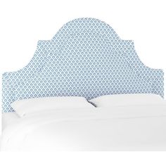 a blue headboard with white sheets and pillows