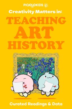 an orange book cover with two cartoon animals in front of a painting and the words teaching art history